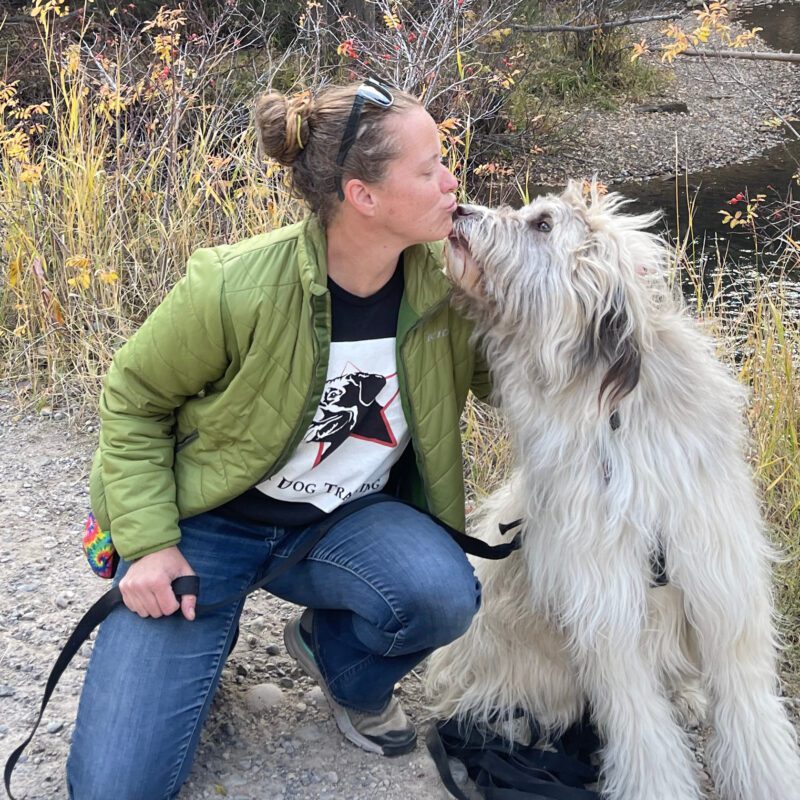 Eva receiving kiss from big fluffy dog